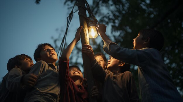 Foto fotograma cinematográfico de un grupo de niños tirando de una cuerda que cae de una farola.