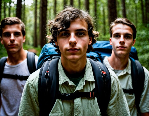 Fotogruppe von Teenagern als Backpacker im dunklen Holz generative KI