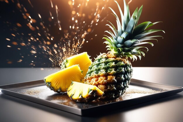 Foto fotoillustration einer ananas mit wasserspritzer