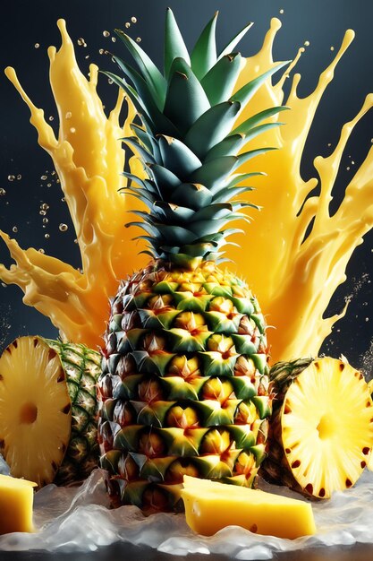 Foto fotoillustration einer ananas mit wasserspritzer