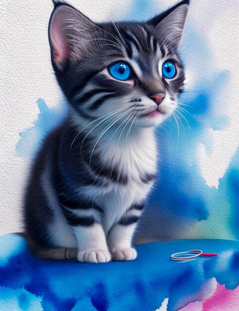 Fotoillustration einer mit Aquarell gemalten niedlichen Katze