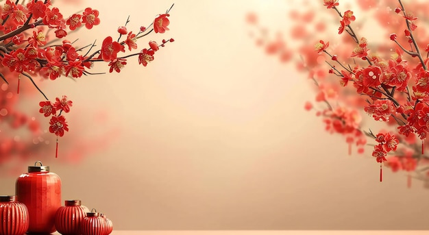 Fotoillustration im chinesischen Stil von eleganten chinesischen Laternen mit Kirschblüten auf einem roten Ba