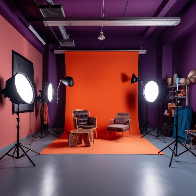 Fotoinnenraum eines modernen Fotostudios mit professioneller generativer Ausrüstung