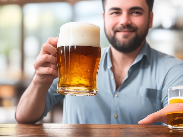 Fotokrug Lagerbier auf einem Holztisch