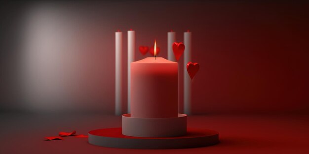 Fotomontage mit brennenden Kerzen fliegenden Herzblättern auf dem Tisch auf rotem Hintergrund