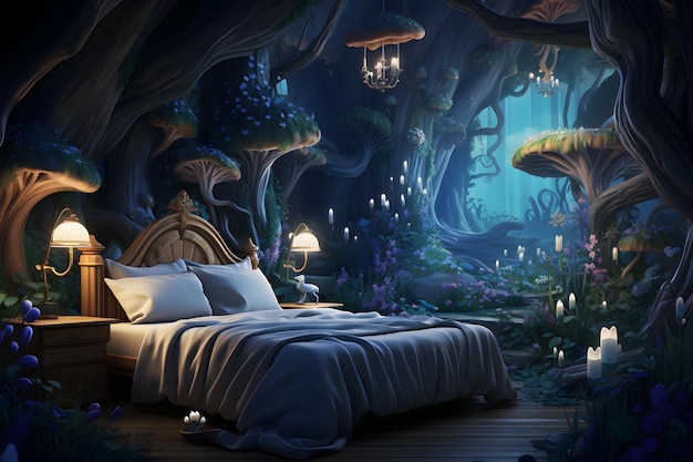 Fotomural de dormitorio con un caprichoso bosque de cuento de hadas