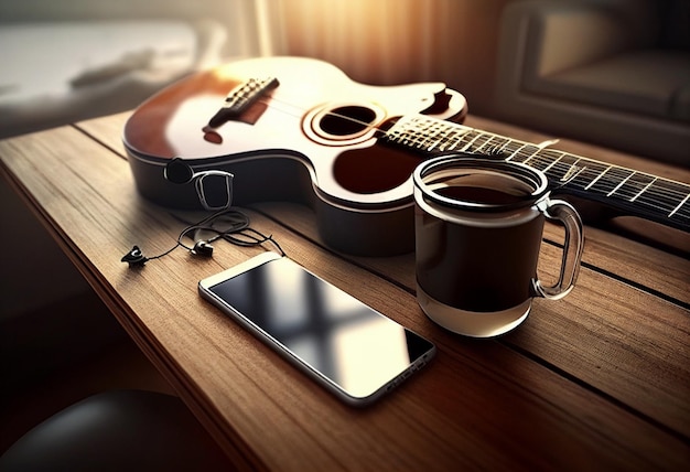 Fotomusikobjekte mit Gitarren-Gadget und Kaffee auf dem Tisch im klassischen Stil Weltmusiktag