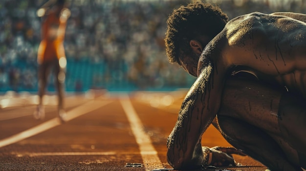 Un fotoperiodista captura las lágrimas de un atleta derrotado su cuerpo caído en la decepción mientras el victorioso jubiloso celebra en el fondo transmite las emociones contrastantes de los deportes