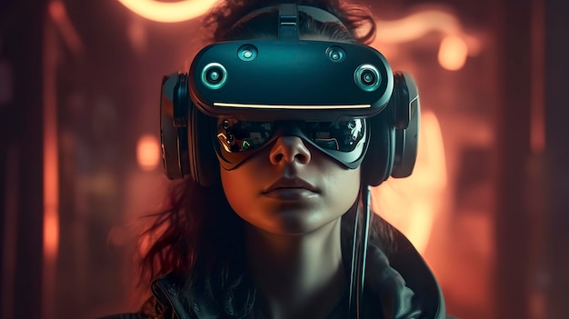 Fotoporträt Cyberpunk-Frau auf dem isolierten verschwommenen Hintergrund Cyborg-Charakter mit Virtual-Reality-Brille generiert KI