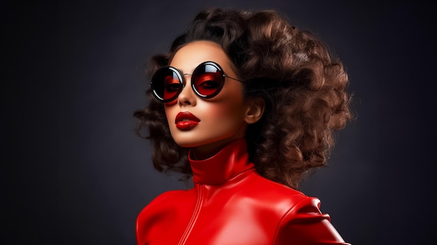 Fotoporträt einer coolen Frau mit Sonnenbrille und schwarzer Jacke auf rotem Hintergrund, AI generiert