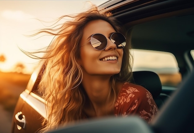 Fotoporträt einer Frau, die während des Autofahrens in der Sommernatur aus dem Autofenster ragt