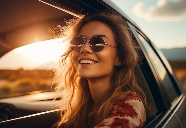 Fotoporträt einer Frau, die während des Autofahrens in der Sommernatur aus dem Autofenster ragt