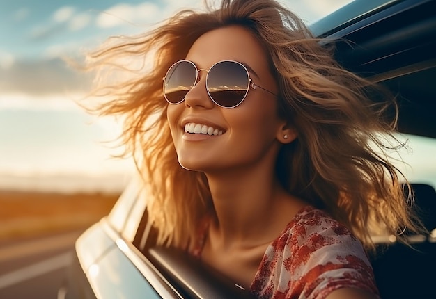 Fotoporträt einer Frau, die während des Autofahrens in der Sommernatur aus dem Autofenster ragt