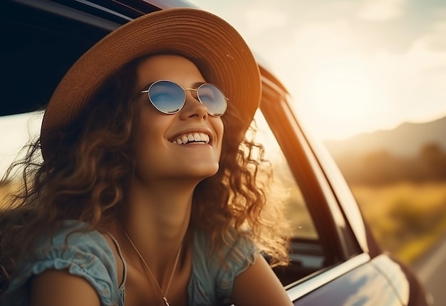 Fotoporträt einer Frau, die während des Autofahrens in der Sommernatur aus dem Autofenster ragt