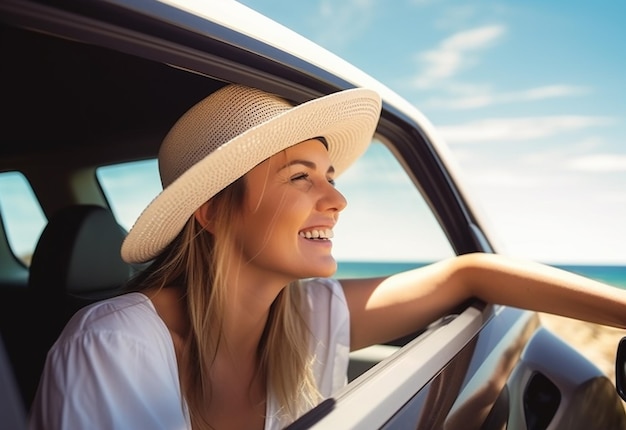 Fotoporträt einer Frau, die während des Autofahrens in der Sommernatur aus dem Autofenster ragt