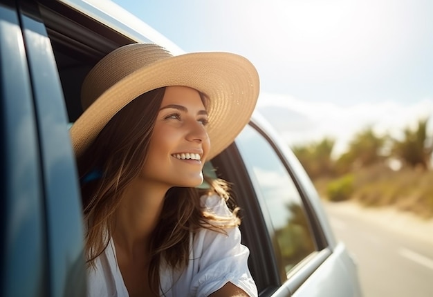 Fotoporträt einer Frau, die während des Autofahrens in der Sommernatur aus dem Autofenster ragt