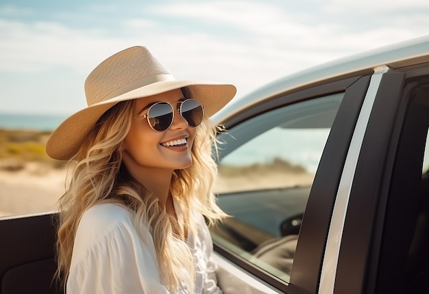 Fotoporträt einer Frau, die während des Autofahrens in der Sommernatur aus dem Autofenster ragt