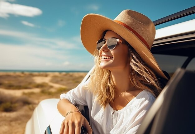 Fotoporträt einer Frau, die während des Autofahrens in der Sommernatur aus dem Autofenster ragt