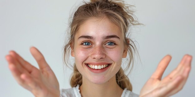 Foto fotoporträt einer freundlichen jungen frau mit glänzenden haaren und einem lächeln