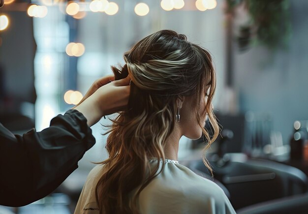 Foto fotoporträt einer friseurin, die eine frisur für eine junge frau macht