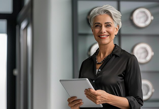 Fotoporträt einer glücklichen, beschäftigten, reifen, älteren Geschäftsfrau, die im Büro mit einem Laptop arbeitet
