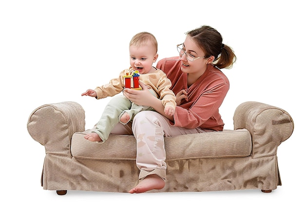 Fotoporträt einer jungen Mutter, die ihr Baby mit einem schönen Lächeln hält