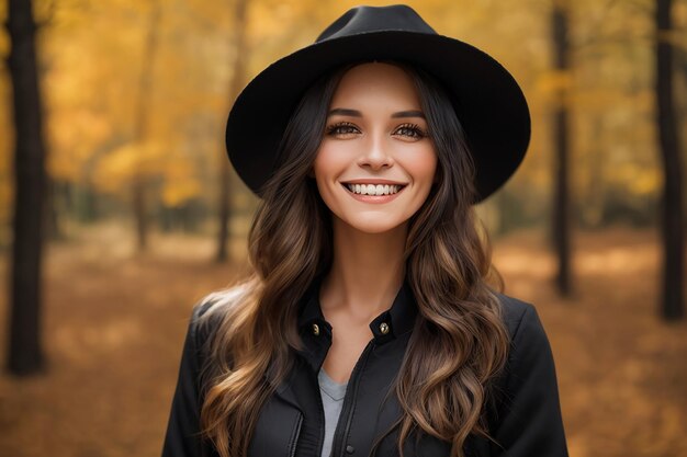 Fotoporträt einer lächelnden Frau in schwarzem Hut mit Rändern, klassischer Jacke, Herbst-Wald-Hintergrund