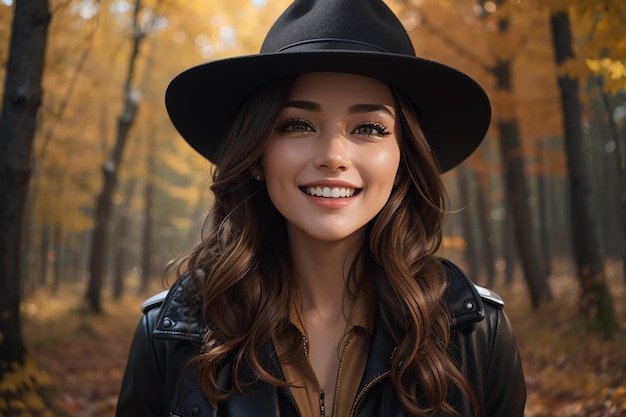 Fotoporträt einer lächelnden Frau in schwarzem Hut mit Rändern, klassischer Jacke, Herbst-Wald-Hintergrund