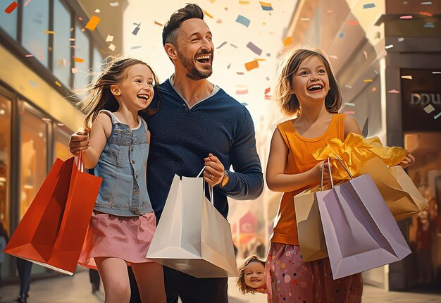 Fotoporträt einer lächelnden glücklichen Familie, die mit Taschen einkaufen geht