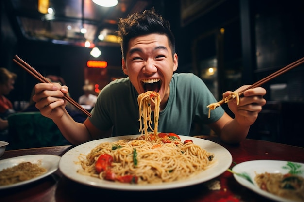 Foto fotoporträt eines glücklichen jungen asiatischen mannes genießt nudeln beim mittagessen konzept