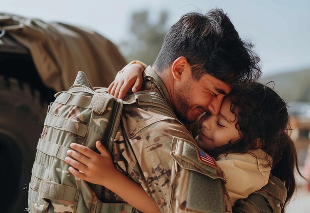 Foto fotoporträt eines glücklichen, liebevollen militärvaters, der seine tochter umarmt