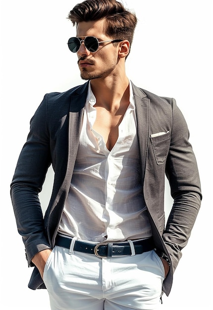 Fotoporträt eines jungen männlichen Models mit Sonnenbrille und Business- und Casual-Anzug