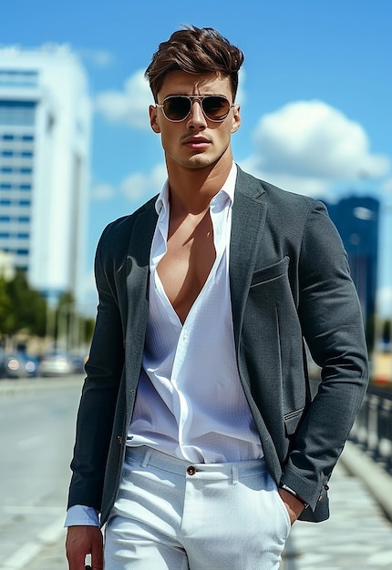 Fotoporträt eines jungen männlichen Models mit Sonnenbrille und Business- und Casual-Anzug
