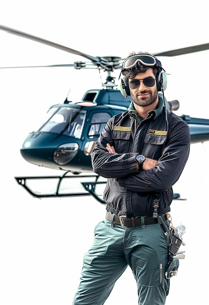 Fotoporträt eines jungen männlichen Piloten in Uniform und Sonnenbrille