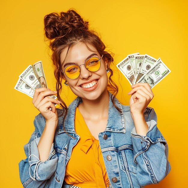 Fotoporträt eines jungen Models mit Bargeld in der Hand und einem süßen Lächeln