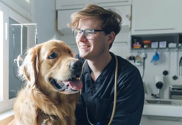 Fotoporträt eines jungen Tierarztes, der schöne Hunde, Katzen und Haustiere überprüft