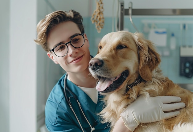 Fotoporträt eines jungen Tierarztes, der schöne Hunde, Katzen und Haustiere überprüft