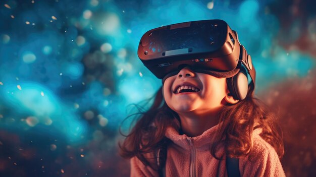 Fotoporträt eines Kindes, das in eine VR-Welt versunken ist und ein bewunderndes Lächeln hat