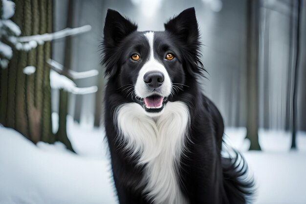 Foto fotoporträt eines schwarzen border collies mit einer bezaubernden mütze in einem schneebedeckten wald