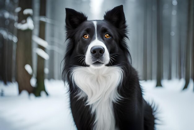 Foto fotoporträt eines schwarzen border collies mit einer bezaubernden mütze in einem schneebedeckten wald