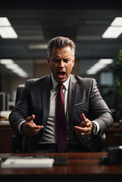 Fotoporträt eines wütenden Geschäftsmannes im Anzug, der schreit