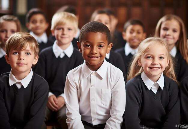 Fotoporträt glücklicher Kinder im Kindergarten mit Uniform