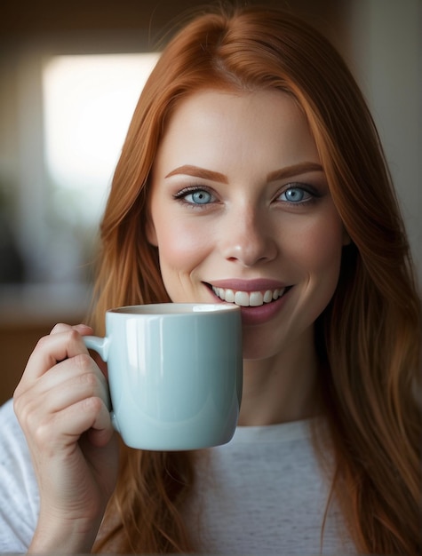 Fotoporträt junger Frau mit blauer Tasse