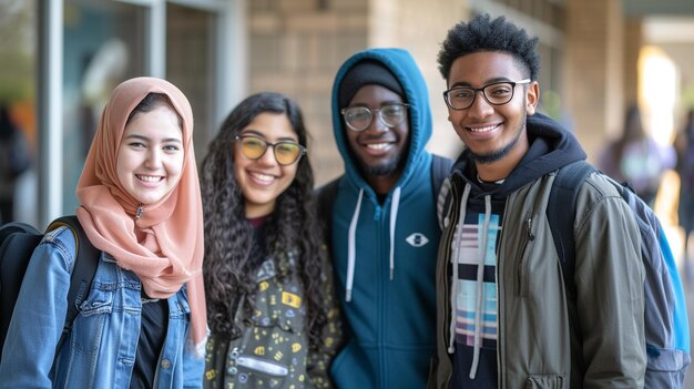 Foto fotoporträt junger, glücklicher, vielfältiger gruppen von college-studenten, die in die kamera lächeln