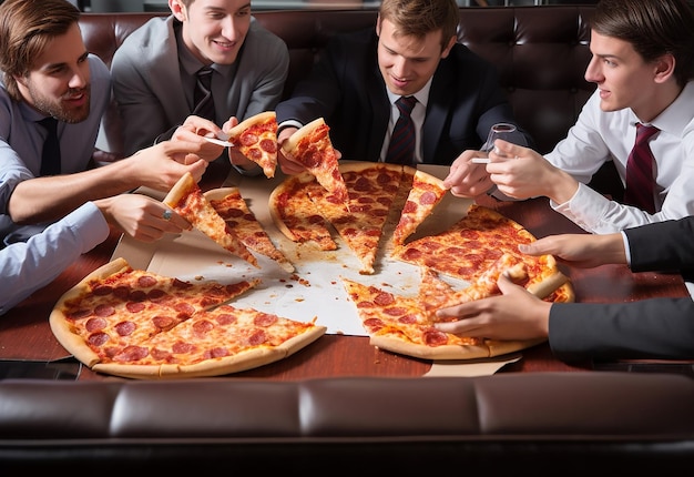 Fotoporträt junger hungriger Freundinnen, die zusammen Pizza essen