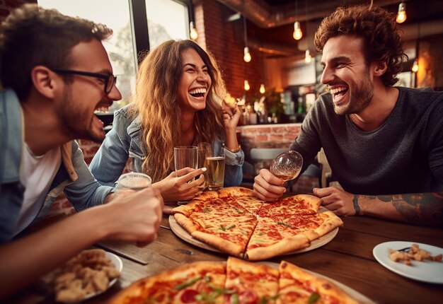 Fotoporträt junger hungriger Freundinnen, die zusammen Pizza essen