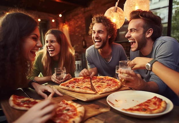 Fotoporträt junger hungriger Freundinnen, die zusammen Pizza essen