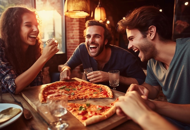 Fotoporträt junger hungriger Freundinnen, die zusammen Pizza essen