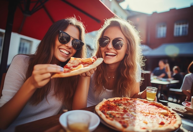 Fotoporträt junger hungriger Freundinnen, die zusammen Pizza essen