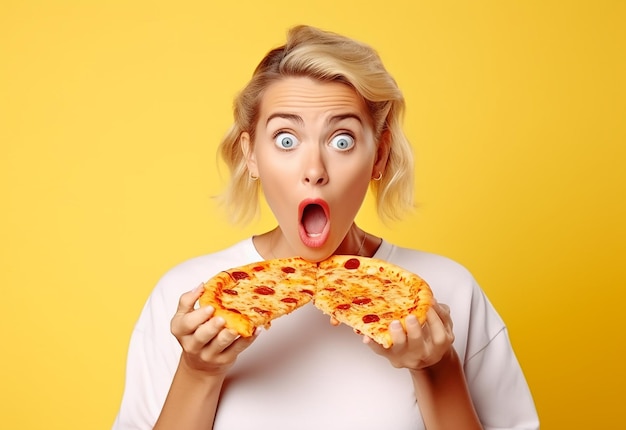 Fotoporträt junger hungriger Freundinnen, die zusammen Pizza essen